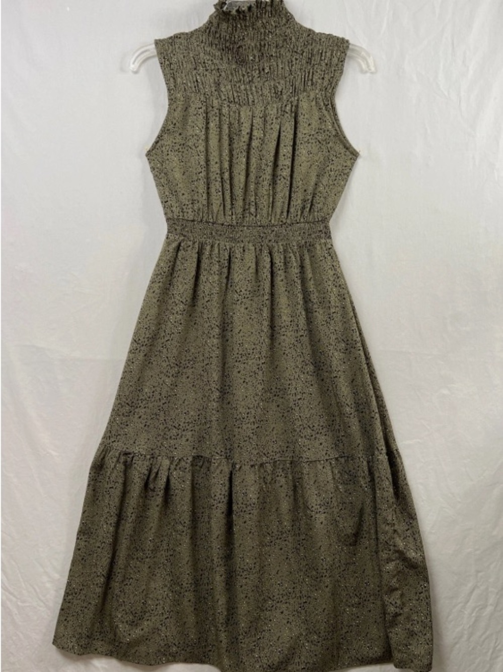 Sleeveless Smocked High-Neck Maxi Dress in Olive